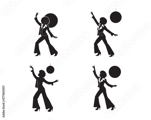 Four silhouette disco dancers in bell bottoms grooving to music with a disco ball