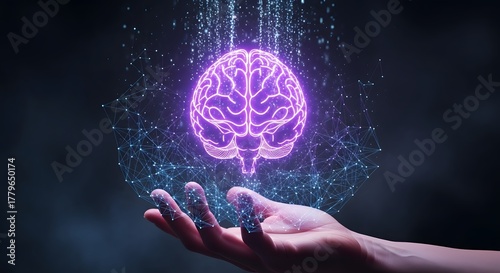 Wallpaper Mural Digital glowing human brain held in a hand. Artificial intelligence, deep learning, and advanced biotechnology concepts. Hand supporting a holographic brain connected to a network Torontodigital.ca