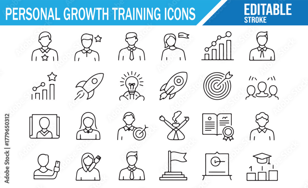 Fototapeta premium Career Growth and Goal Achievement Editable Stroke Icon Set