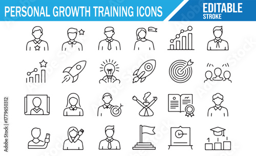 Career Growth and Goal Achievement Editable Stroke Icon Set