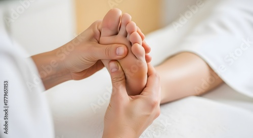 Female masseuse performs foot massage on woman. Pedicure and relaxation spa treatment. Health and wellness concept for beauty salon.