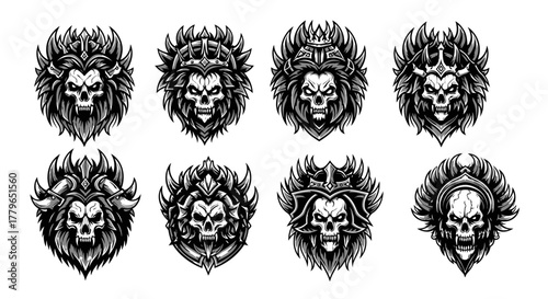 Collection of eight skull illustrations with various crown and mane designs, rendered in black and white.