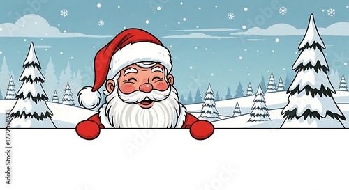 Joyful Santa Claus peeking over a snowy white banner in a winter forest.