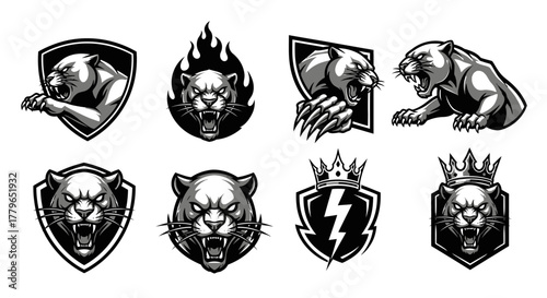 Collection of eight monochrome panther mascot designs, featuring shields, flames, lightning, crowns, and aggressive poses.