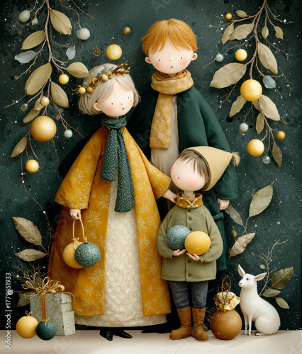 Whimsical Winter Family Scene with Holiday Decor for Festive Poster Design. Christmas and New Year scene