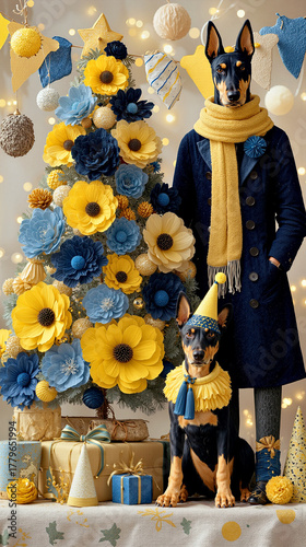 Festive Holiday Scene with Decorative Flowers, Gifts, and Celebratory Atmosphere. Christmas and New Year scene