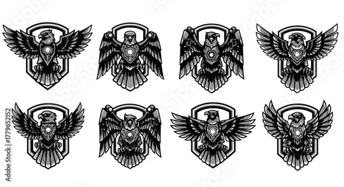 Eight stylized eagle emblems with spread wings, centered on shields, in a monochrome design.