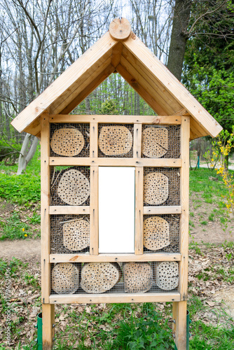Wooden insect bee bug hotel house. Insect nests are made of wood.
