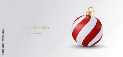 Realistic red and white 3d Christmas ball. Merry Christmas vector card. Holiday concept.