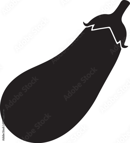 Black silhouette of an eggplant with a stem and leafy top on a white background aubergine vegetable on transparent background