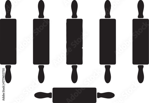 Collection of black silhouettes of rolling pins for baking cooking kitchen on transparent background