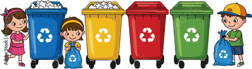 Children recycling waste paper, colorful bins for environment, eco education, sustainability awareness, green lifestyle, waste management, cad drawing flat vector illustration