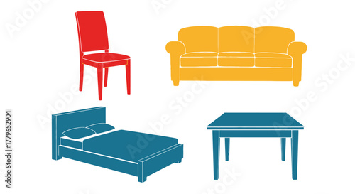 Simple flat design illustrations of common furniture items like beds and chairs