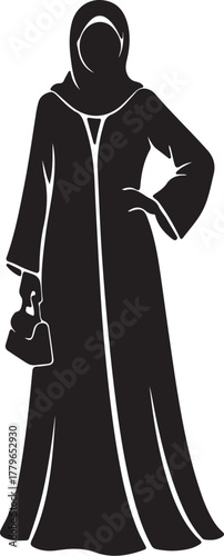 Silhouette of a Woman Wearing a Hijab and Abaya Holding a Handbag Keywords: woman, female, silhouette, hijab, abaya, muslim, islamic, fashion, traditional, dress, handbag, on transparent background
