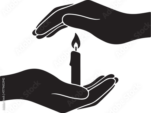 Silhouette of hands cupping a lit candle with a flame protecting on transparent background
