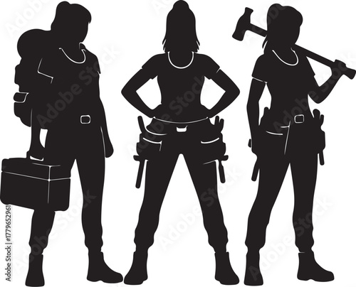 Silhouette of three women construction workers with tools and tool belts builders on transparent background