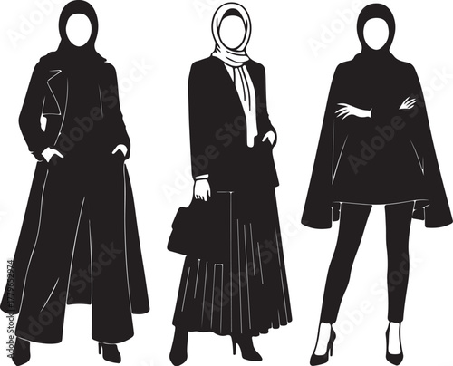 Silhouette of three women in Islamic fashion, two in long dresses and one in pants and a cape hijab on transparent background