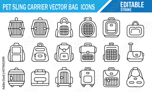 Line Art Pet Travel Carrier Icons Collection – Crates, Bags, and Backpacks