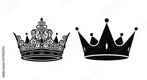 Two ornate black crowns detailed designs royalty symbols elegant vector graphics