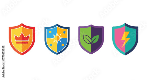 Four colorful shields displaying different symbols crown star leaf and lightning