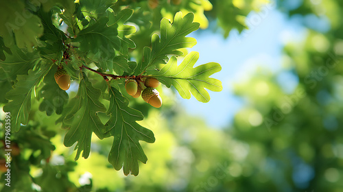 Green acorns on the branches of an oak tree in the forest