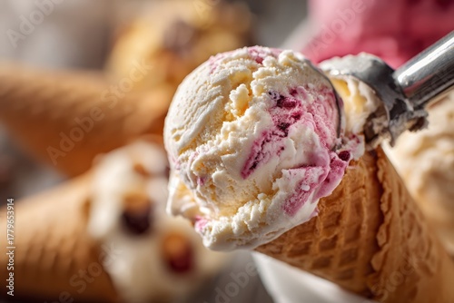A delightful ice cream cone with a scoop of vanilla and berry swirl, perfect for a hot summer day, served with a metal spoon and other flavors in the background.