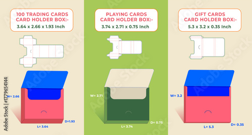 Card Holder Box Set. Illustration showcasing the dimensions of trading card, playing card, and gift card holder boxes, providing precise measurements for design and production purposes
