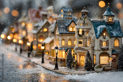 Fototapeta Naklejka Na Ścianę i Meble -  The winter christmas village is a beautiful sight. The snow is falling gently and the lights are shining brightly. The houses are covered in sparkling white, and the streets are lined with trees. It's
