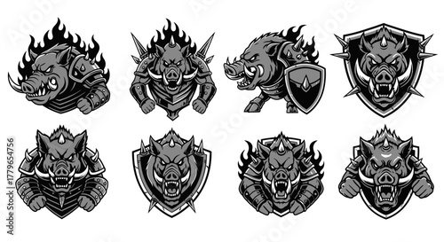 A collection of stylized illustrations featuring fierce wild boars with armor and shields.