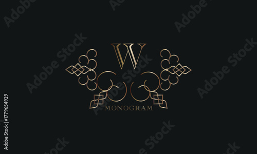 Vector elegant element for design template, place for text with initial letter W. Lace decor for greeting card, invitation, label, business sign.