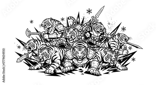 A group of armored tigers and a knight stand together, surrounded by spears and snowflakes in a black and white illustration.