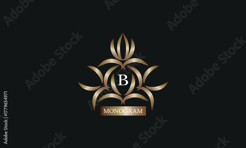 Elegant monogram design template with letter B in the center and place for text. Company brand design, emblem, invitation, label, business sign.