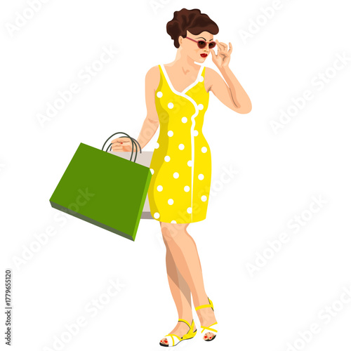 A woman with bags shopping in a retro style without a background