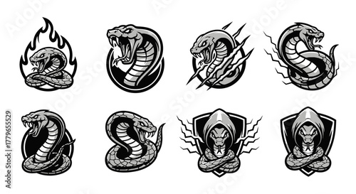 Collection of monochrome cobra snake emblems, including hooded figures and fiery designs.