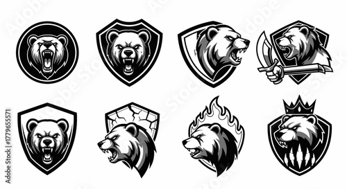 Collection of black and white bear head illustrations, each with unique designs.