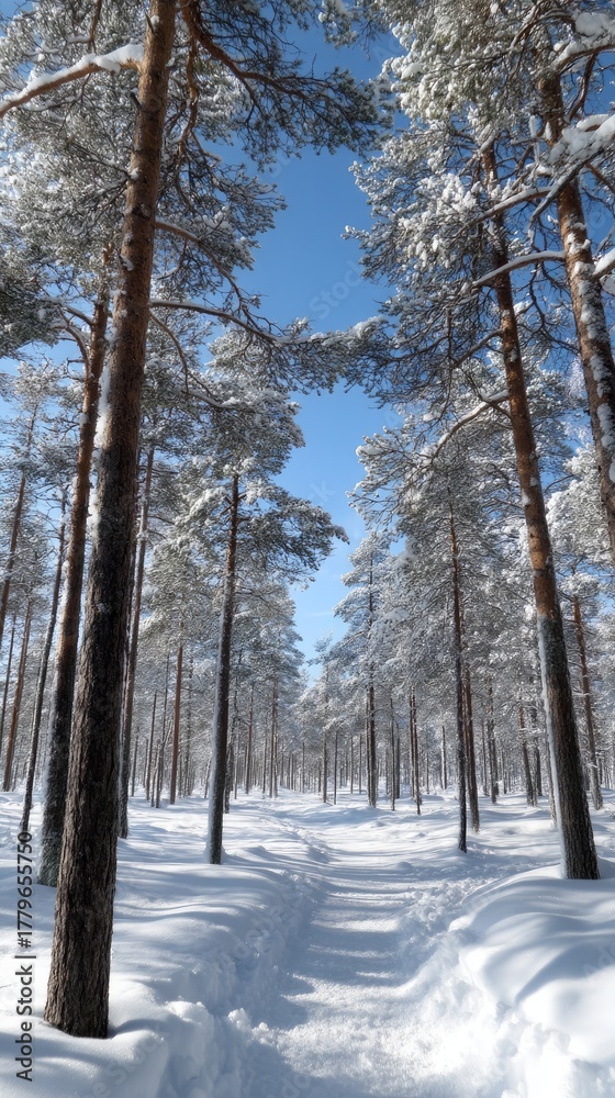 Fototapeta premium A tranquil scene with two bare trees surrounded by snow, set against a bright blue sky and distant fields, depicting winter's calm beauty