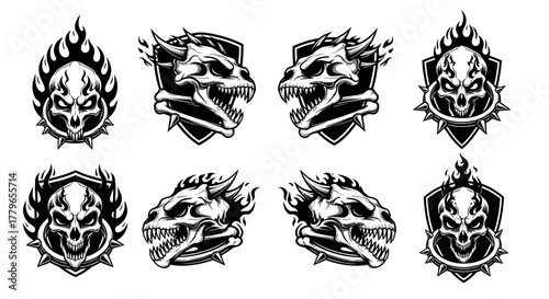 Vector illustration featuring skull designs with flames, shields, and spikes, presented in a black and white graphic style.