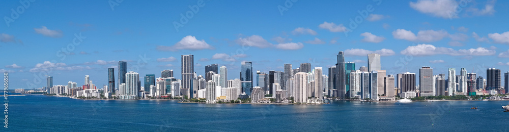 Fototapeta premium Aerial view of Brickell skyline. Panoramic cityscape of Brickell Miami. Skyscrapers of Brickell. Scenic view of the Brickells financial district. Brickell in Miami Beach. Iconic business towers.