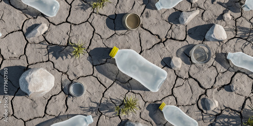 Aerial view of cracked dry lakebed highlighted by scattered plastic bottles and metal cans under harsh sunlight showing the impact of water scarcity and pollution