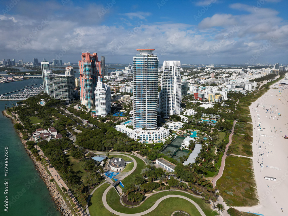 Naklejka premium Miami Beach skyline aerial view. Miami city from drone. Tropical Miami scene. Miami district sky view. Famous oceanfront. Panoramic coastline. South beach panorama view. Summer travel in Florida.
