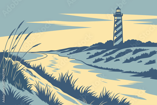 “Outer Banks dunes and lighthouse, soft coastal tones”
