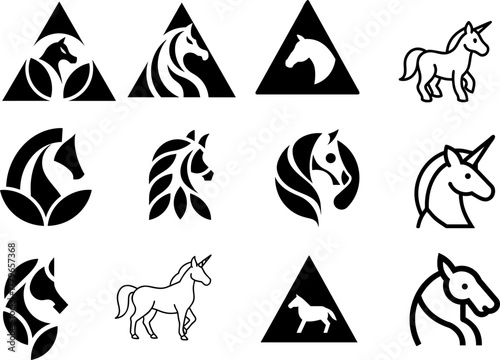 Stylized horse symbol collection, black and white logo set with unicorn elements. Abstract animal icons for equestrian or fantasy brand.
