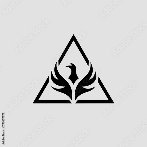 Geometric phoenix symbol, mythological bird icon, monochrome triangle design. Stylish black white logo, simple sign of strength, power. Creative geometric phoenix symbol.