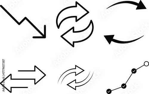 Currency Exchange Icon Set – Forex, Money Change, Global Finance: A diverse set of currency exchange icons, perfect for forex, international money transfer, and global finance applications. Vector