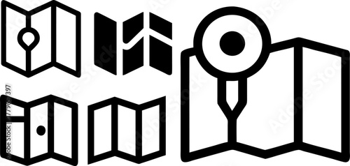 Map icon set outline, location pin map symbol black line art collection. GPS navigation or travel destination mark sign on folded paper map icons.