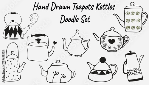 Vector doodle set of hand drawn teapots, tea kettles, and coffee pots. Black and white line art collection of kitchen utensils and crockery for menus, cafe branding, home decor, and tea party invitati