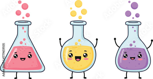 Cartoon laboratory flasks with smiling faces, colorful chemical liquids, science experiment illustration, educational chemistry design, cad drawing flat vector illustration