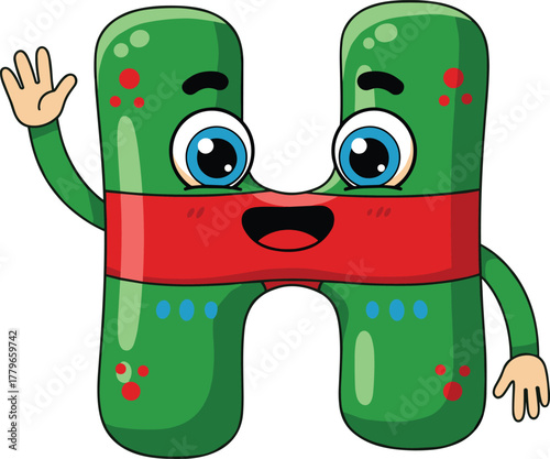 Cartoon letter H character, green with red band, smiling face waving hand, playful alphabet design, cad drawing flat vector illustration