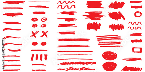 Hand-drawn red marker elements, underlines, circles, crosses
