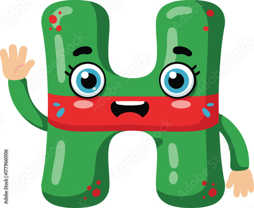 Cartoon letter H character, green with red stripe, friendly face waving hand, educational alphabet design, cad drawing flat vector illustration